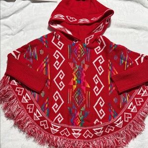 Red Kids Hooded Poncho with Geometric Pattern